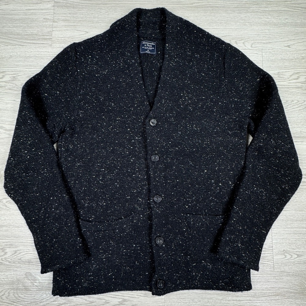 Abercrombie & Fitch Mens Cardigan Sweater Black White Donegal Wool Blend Size M